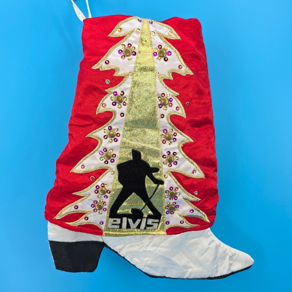 Elvis Presley Christmas Stocking Boot Red Gold Sequin 16in not tested